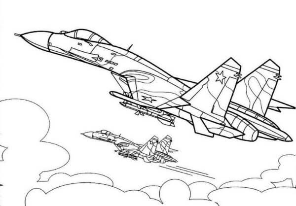 Dibujos de Dos Aviones de Combate SU 27 para colorear