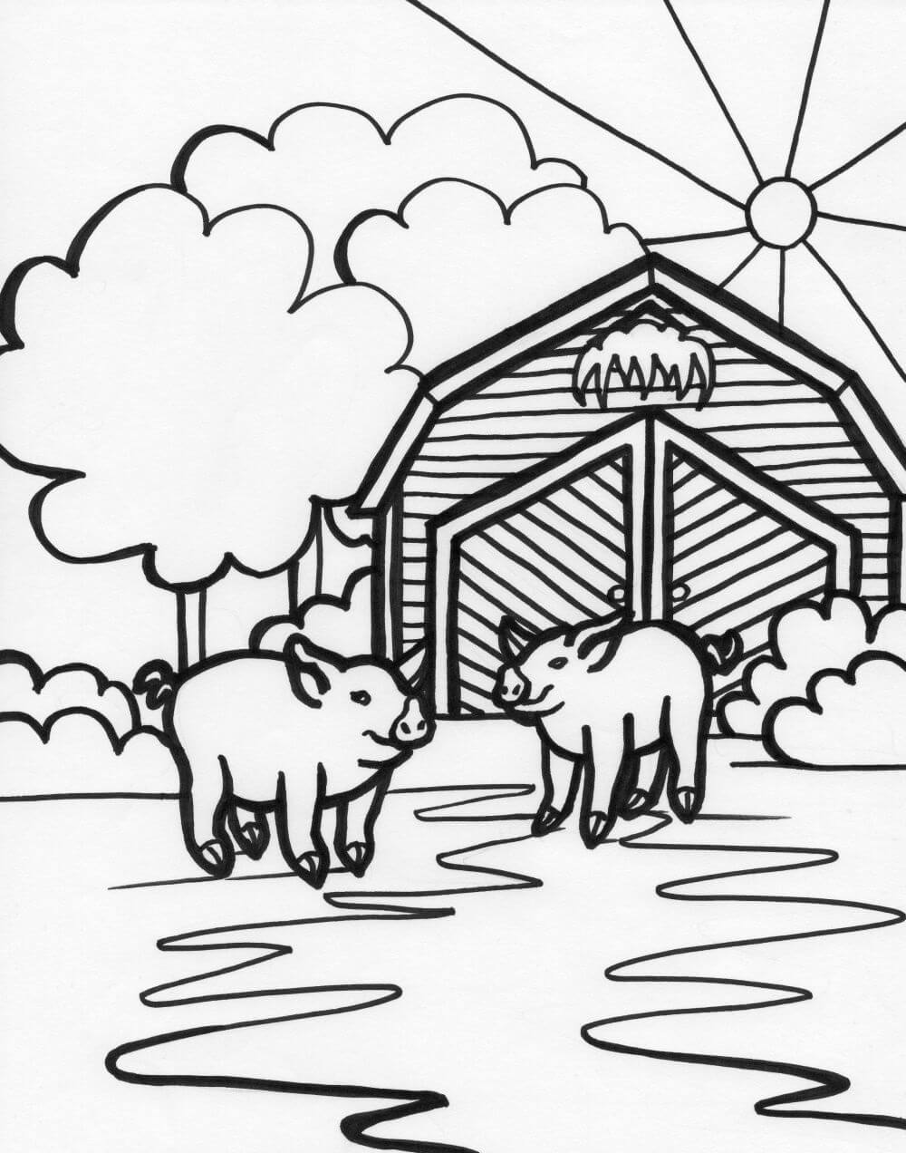 Dibujos de Dos Cerdos en Granero para colorear
