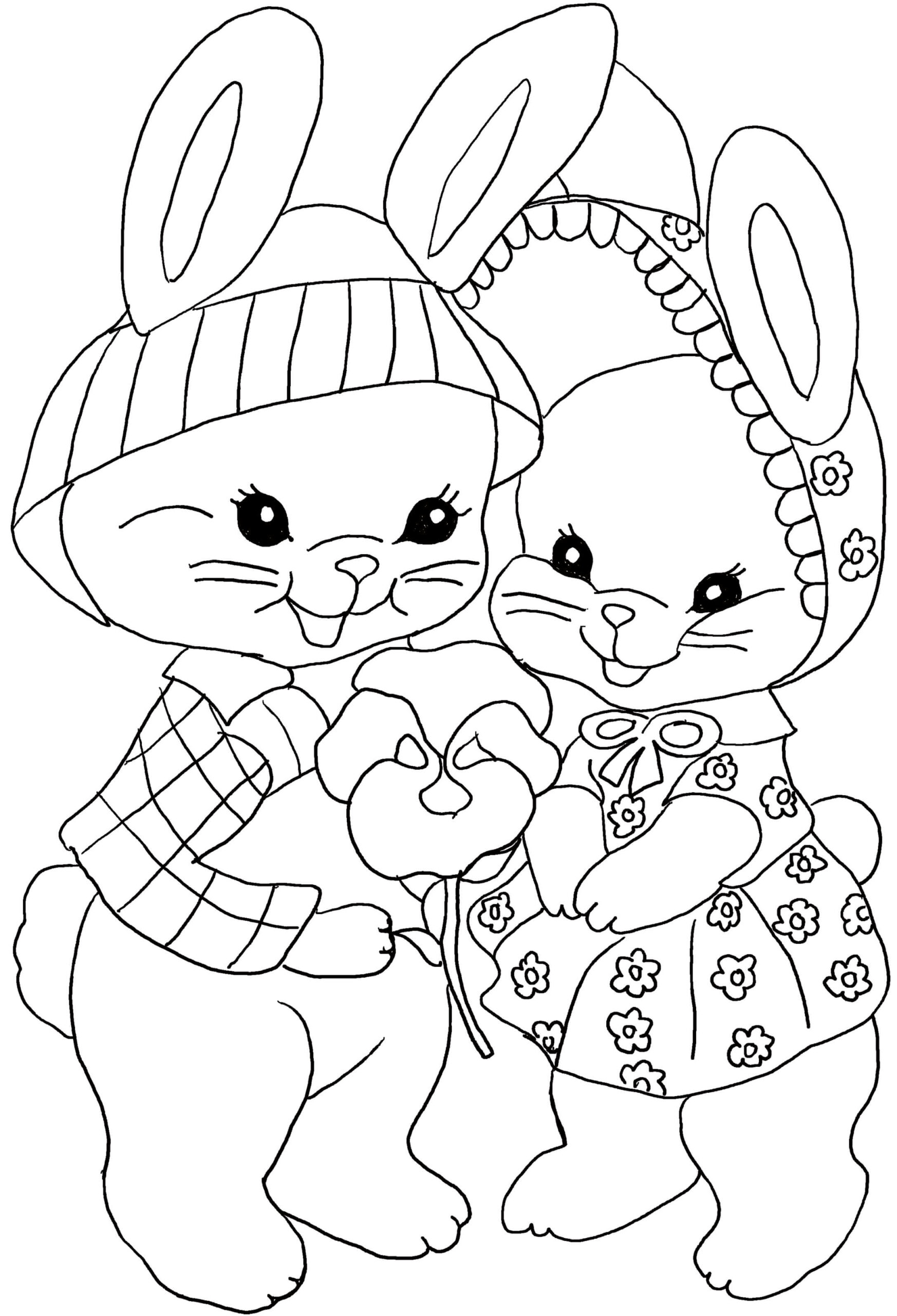 Dibujos de Dos Conejitos de Pascua con Flor para colorear