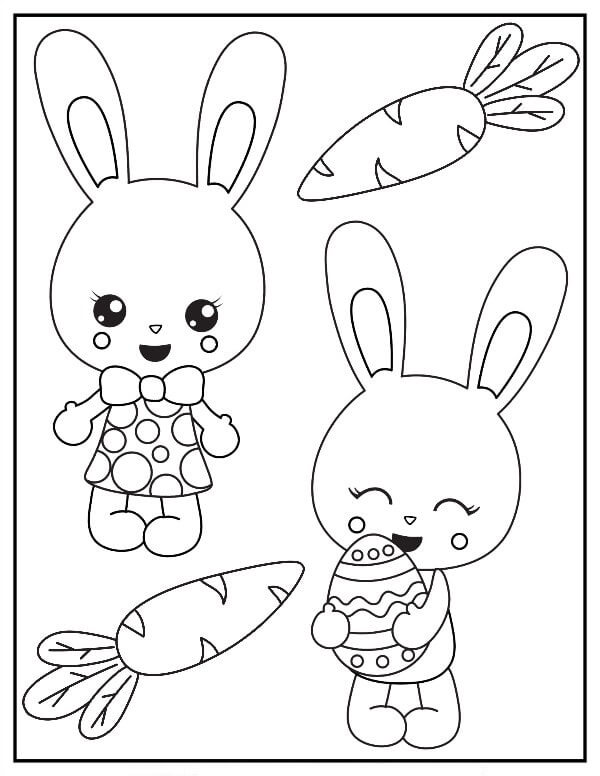 Dibujos de Dos Conejos con Zanahoria y Huevo de Pascua para colorear