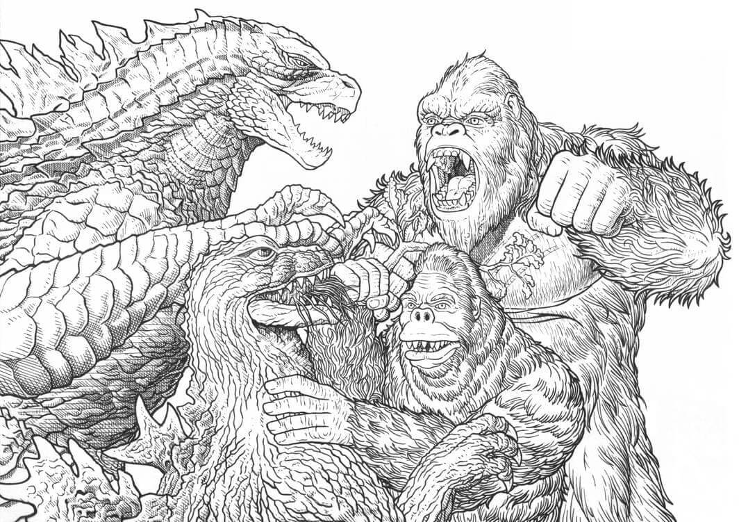 Dibujos de Dos King Kong vs dos Godzilla para colorear