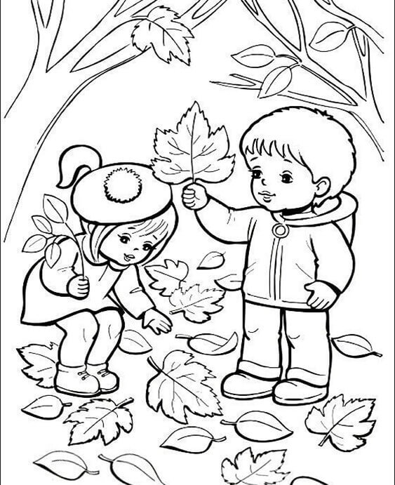 Dibujos de Dos Niños lindos con hojas en Otoño para colorear