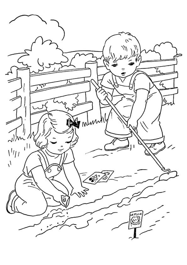 Dibujos de Dos Niños, Agricultura para colorear