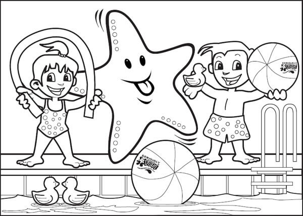 Dibujos de Dos Niños y Estrellas de mar en la Piscina para colorear