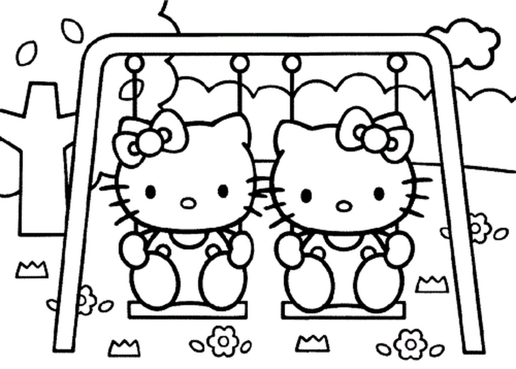 Dibujos de Dos Pequeños Hello Kitty Jugando Noria para colorear