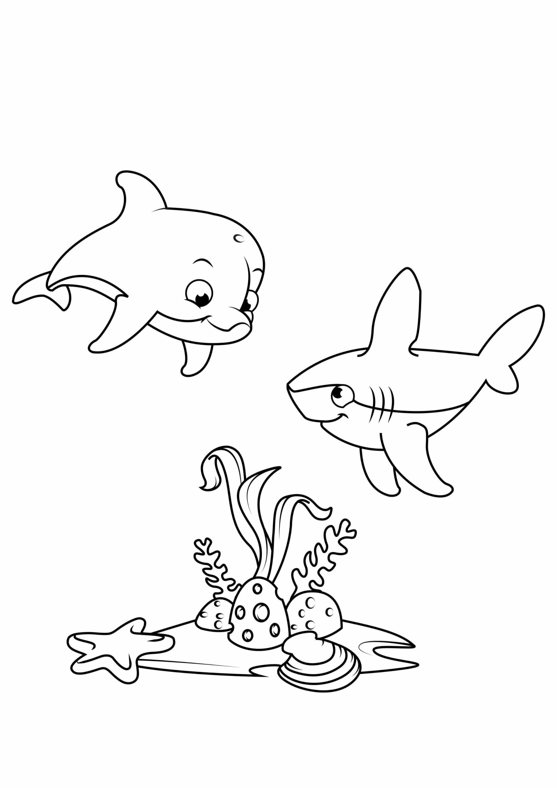 Dibujos de Dos bebés Tiburones con Coral para colorear