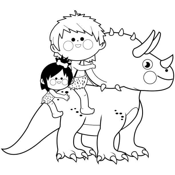 Dibujos de Dos niños Cavernícolas Montando Triceratops para colorear
