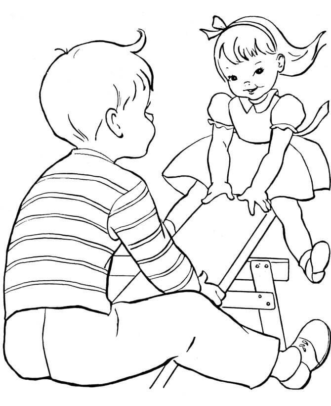 Dibujos de Dos niños jugando en un Balancín para colorear