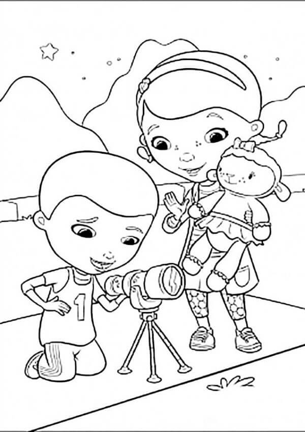 Dibujos de Dottie y Su Hermano Están Mirando Por el Telescopio para colorear