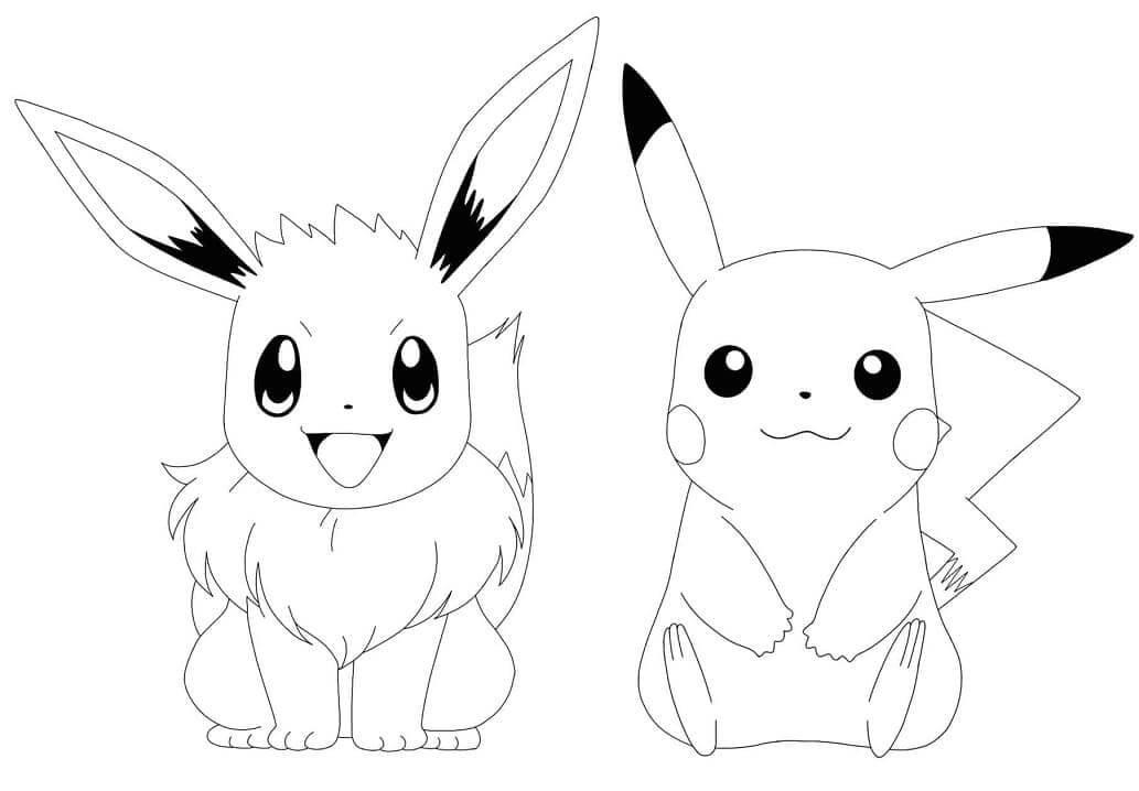 Dibujos de Eevee y Pikachu Feliz para colorear