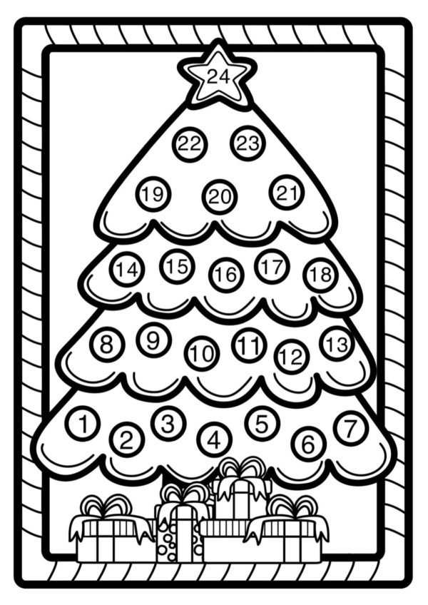 Dibujos de El Árbol de Navidad de Adviento Esconde Regalos en Bolas para colorear