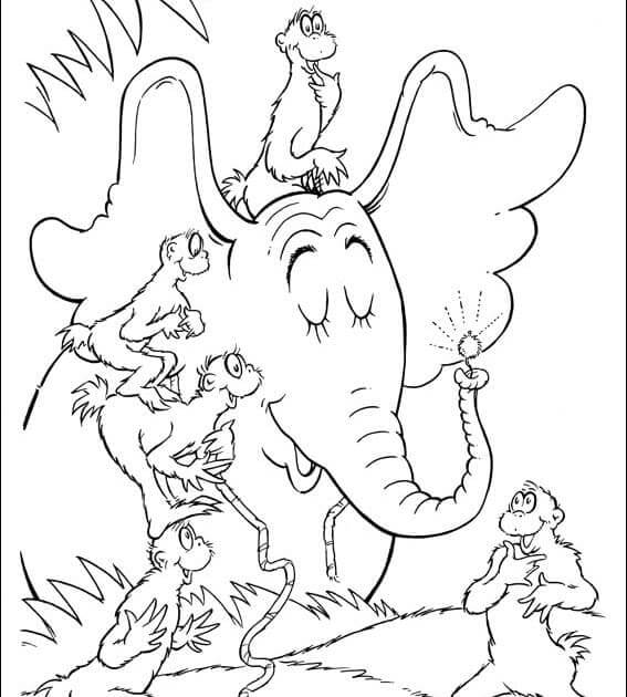 Dibujos de El Elefante Muestra Su Flor Mágica a Los Monos para colorear