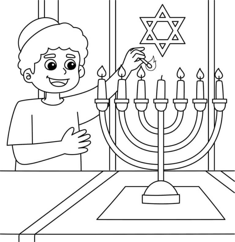 Dibujos de El niño Enciende La Vela Del Medio Para Hanukkah para colorear