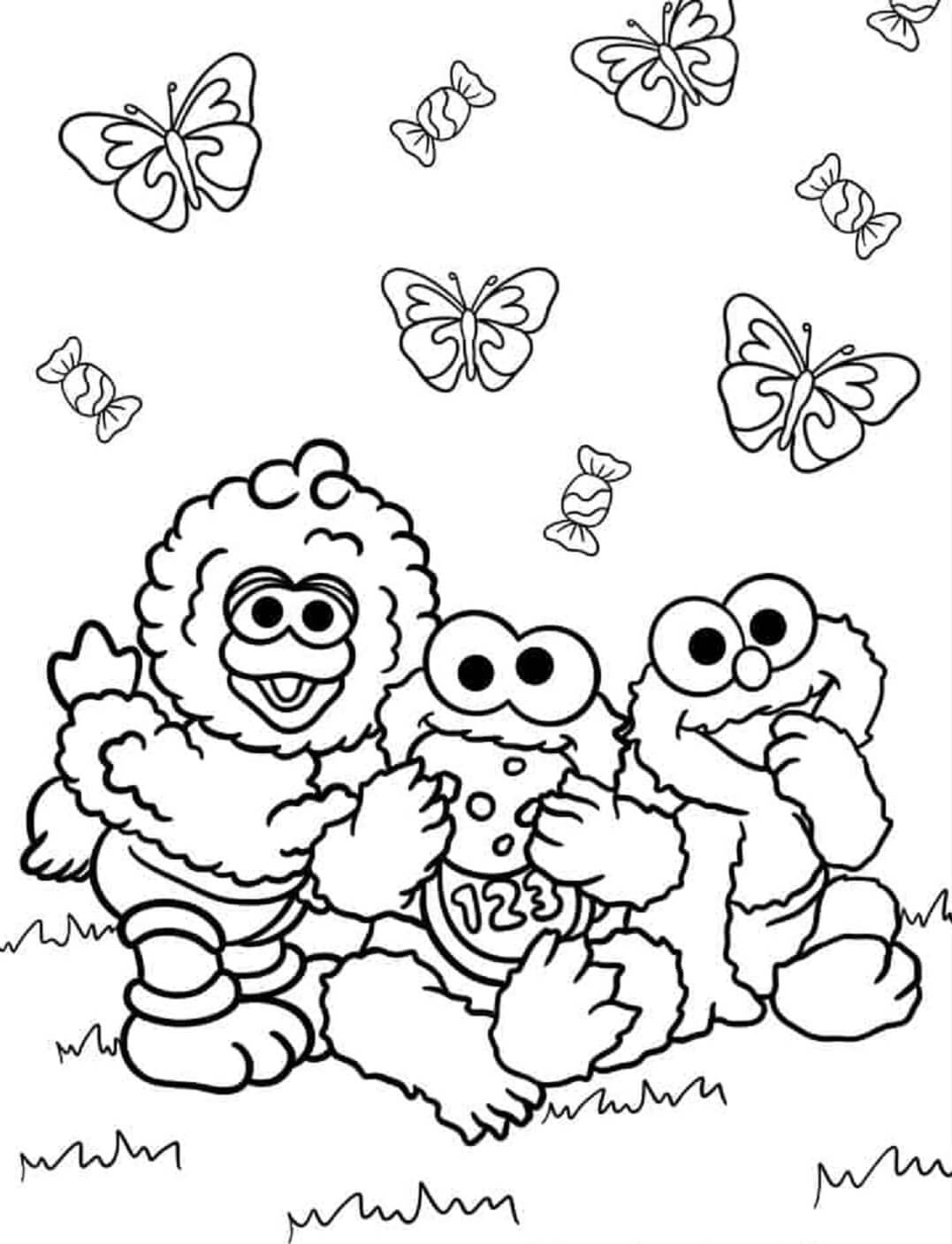 Dibujos de Elmo y Amigos Con Mariposas para colorear