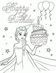 Dibujos de Elsa con Pastel de Cumpleaños para colorear