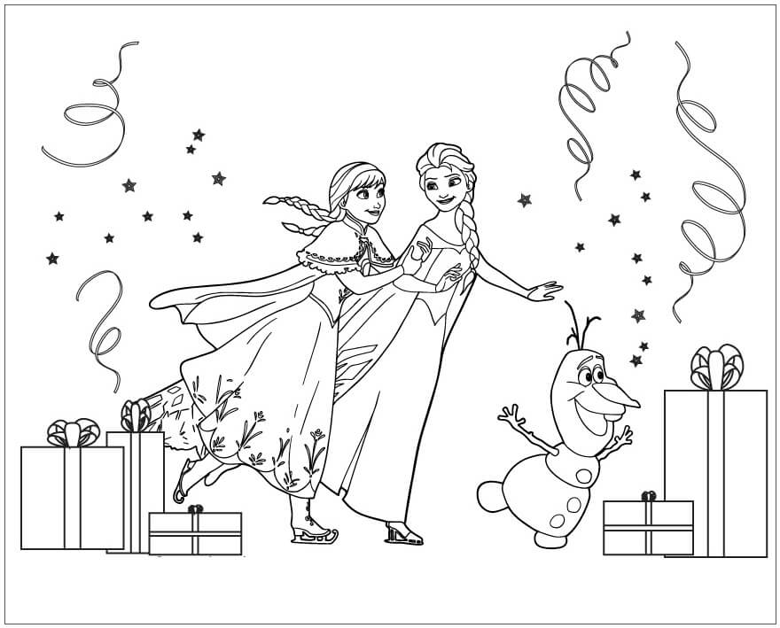 Dibujos de Elsa y Anna, Olaf Jugando a Patinaje Sobre Hielo en su Cumpleaños para colorear