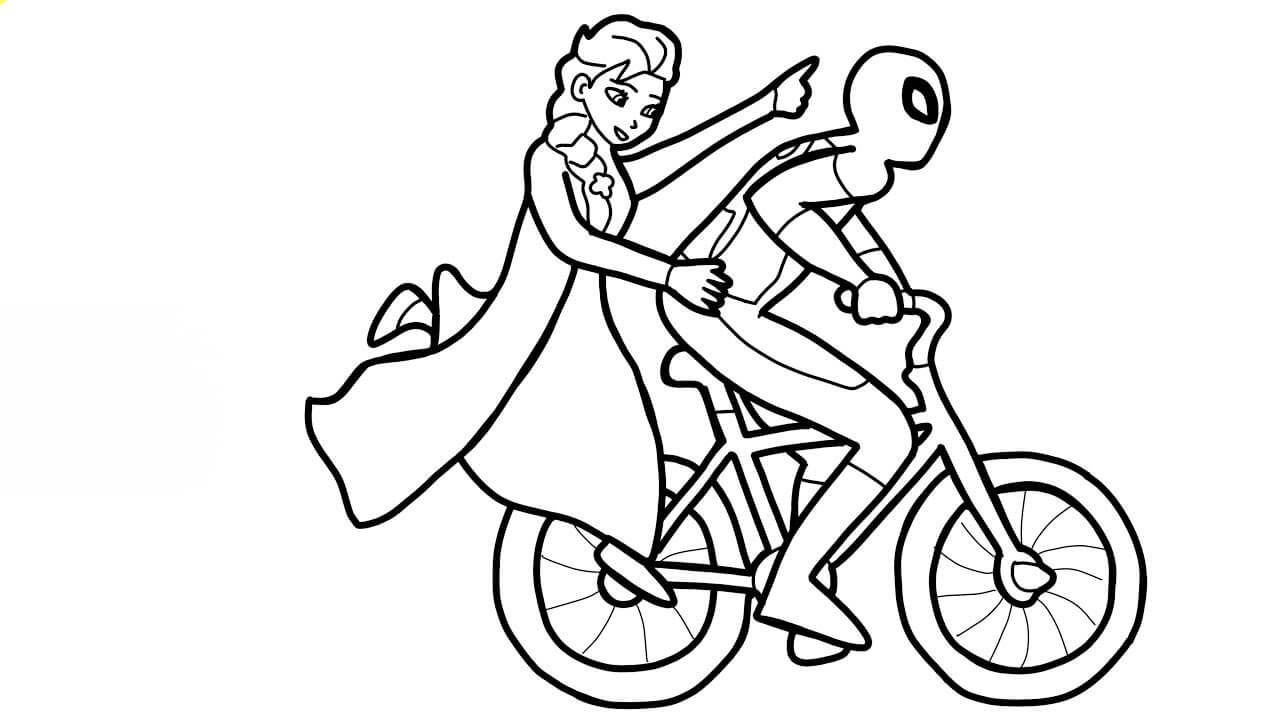Elsa y el Hombre Araña en Bicicleta para colorir