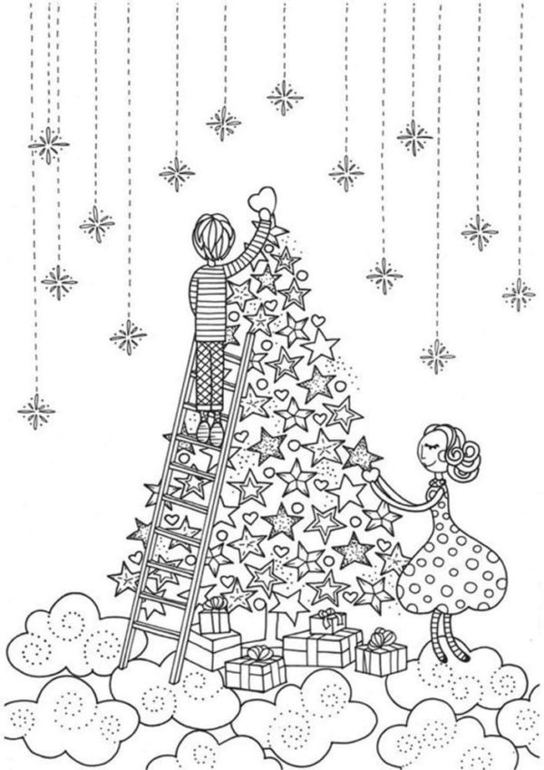 Dibujos de En Adviento, Los Chicos Decoran el Árbol De Navidad para colorear