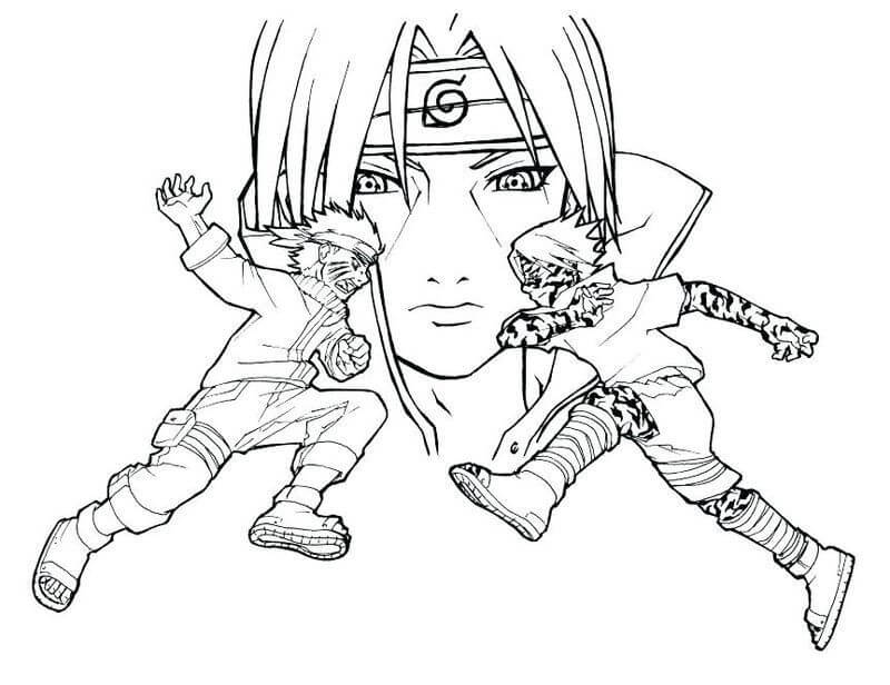 Dibujos de Enfréntate a Itachi y Naruto Luchando Contra Sasuke para colorear