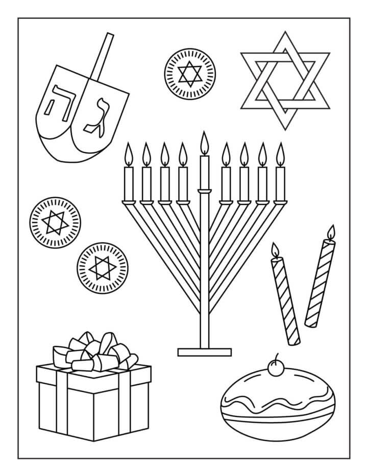 Estrella De David, Dreidel, Monedas, Velas, Hanukkah, Regalo y Sufganiyah para Hanukkah para colorir