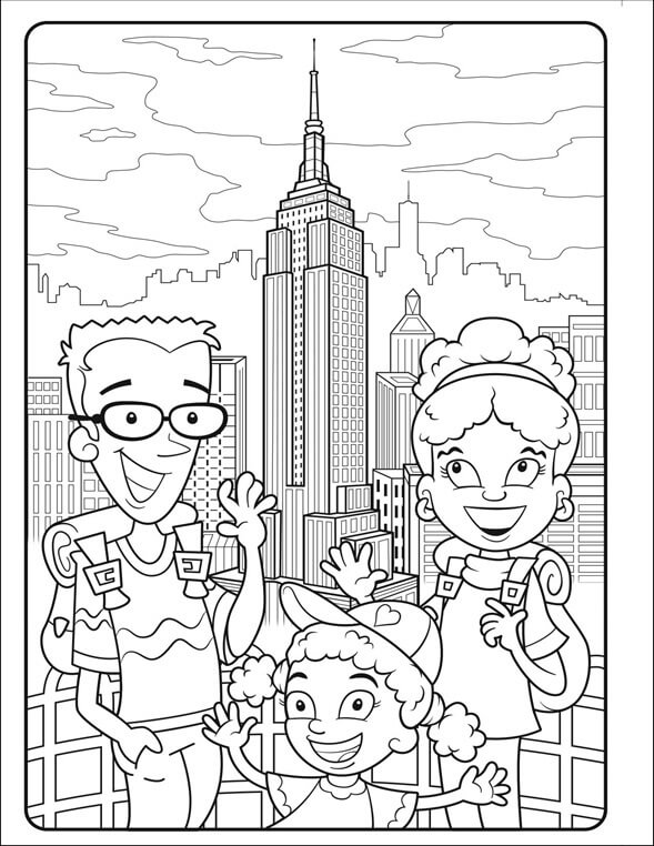 Familia en Edificio de la Ciudad para colorir