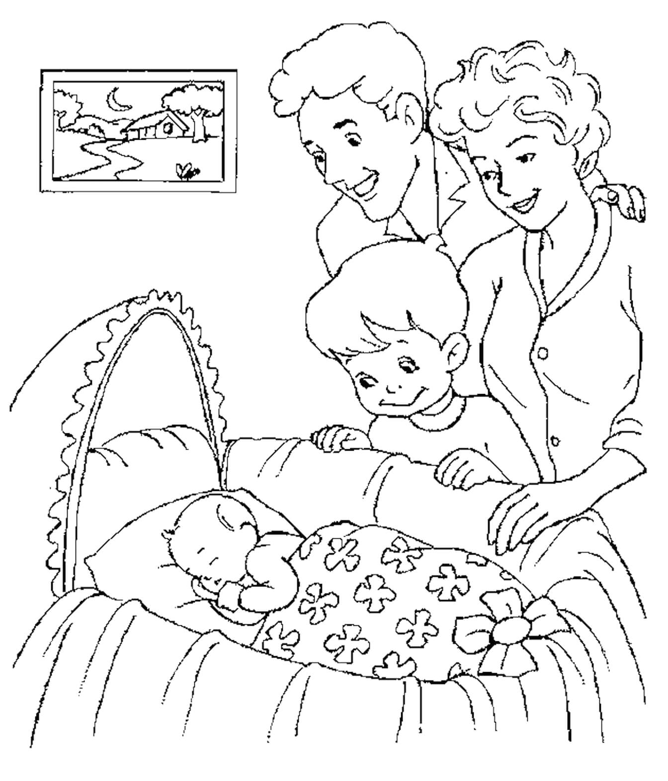 Familia mirando al Niño para colorir