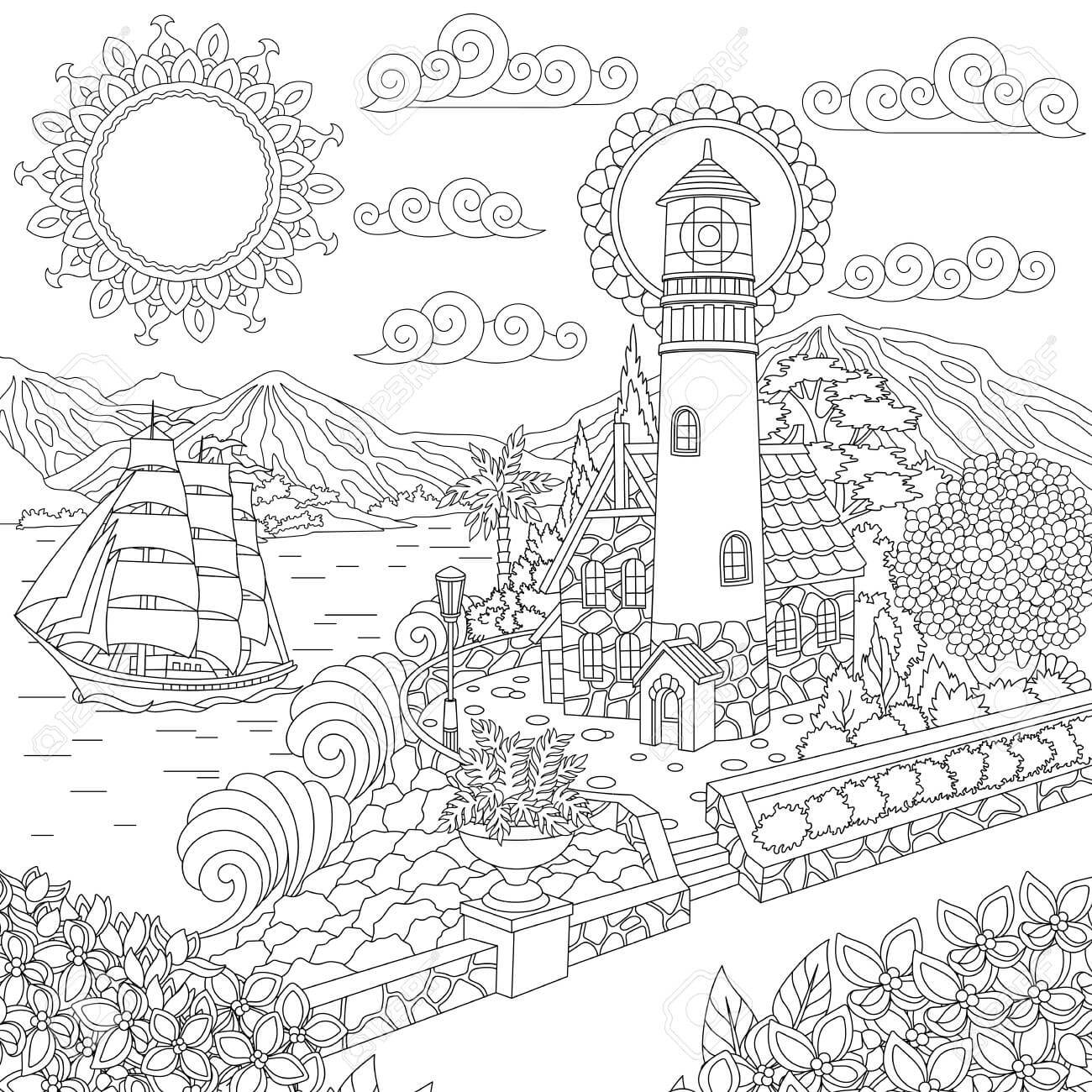 Dibujos de Faro en la Orilla del mar y Velero para colorear