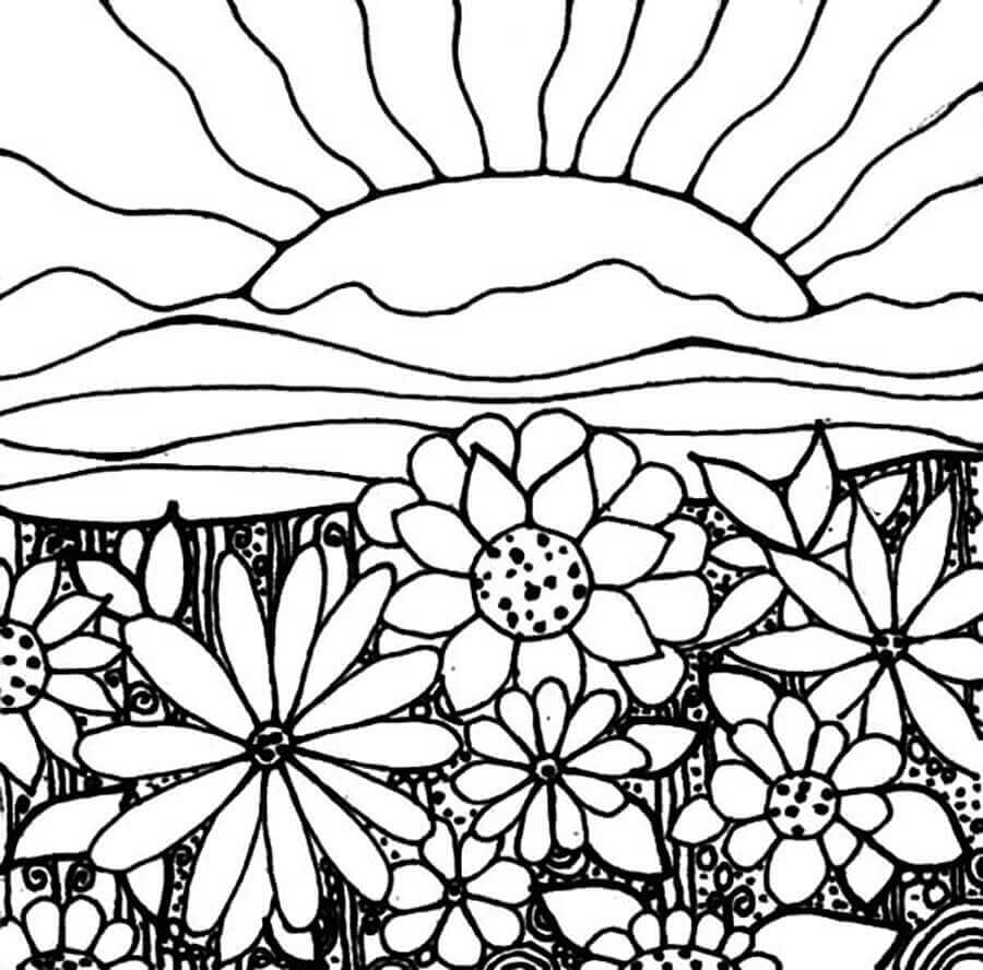 Dibujos de Flores Y Puesta De Sol para colorear