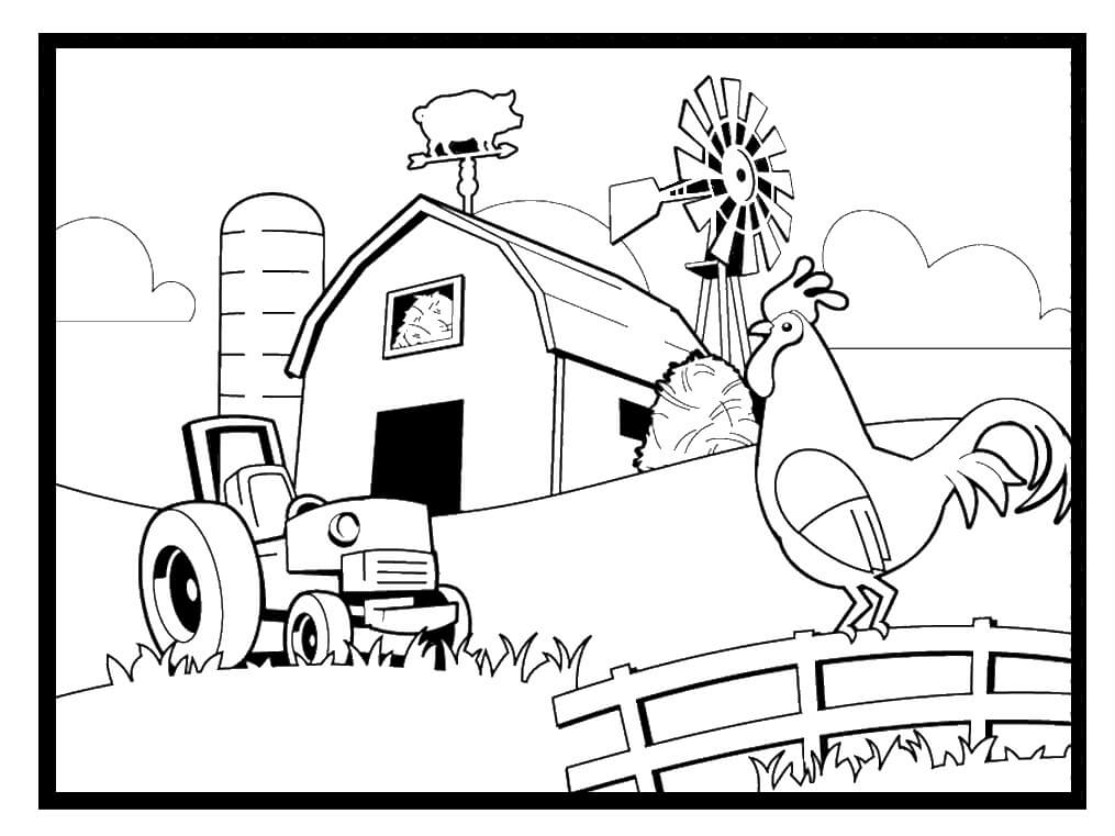 Dibujos de Gallo y Tractor en la Granja para colorear