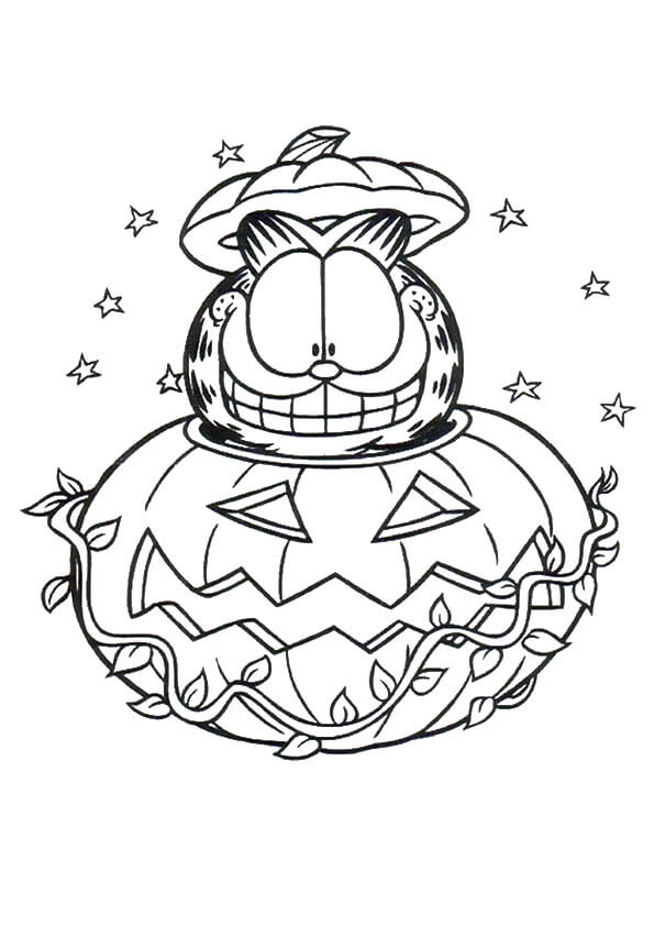 Dibujos de Garfield Feliz en Calabaza de Halloween para colorear