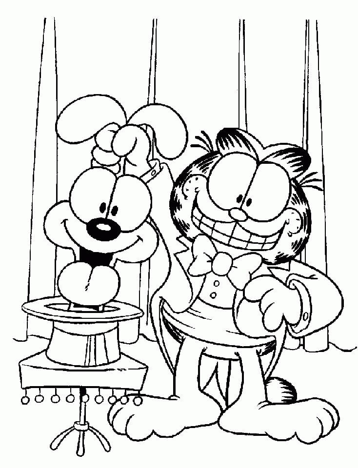 Dibujos de Garfield y Odie Realizando un Espectáculo de Magia para colorear