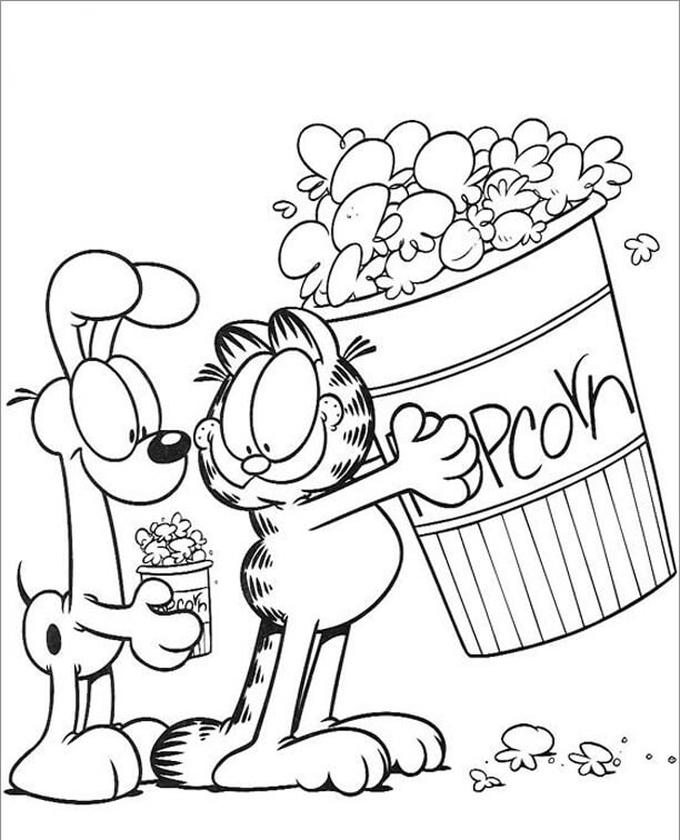 Dibujos de Garfield y Odie Sosteniendo Palomitas de Maíz para colorear