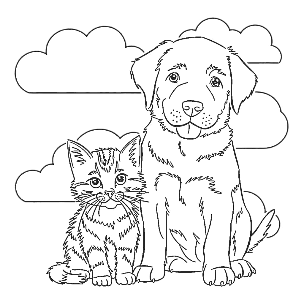 Dibujos de Gatito con cachorro y nube para colorear