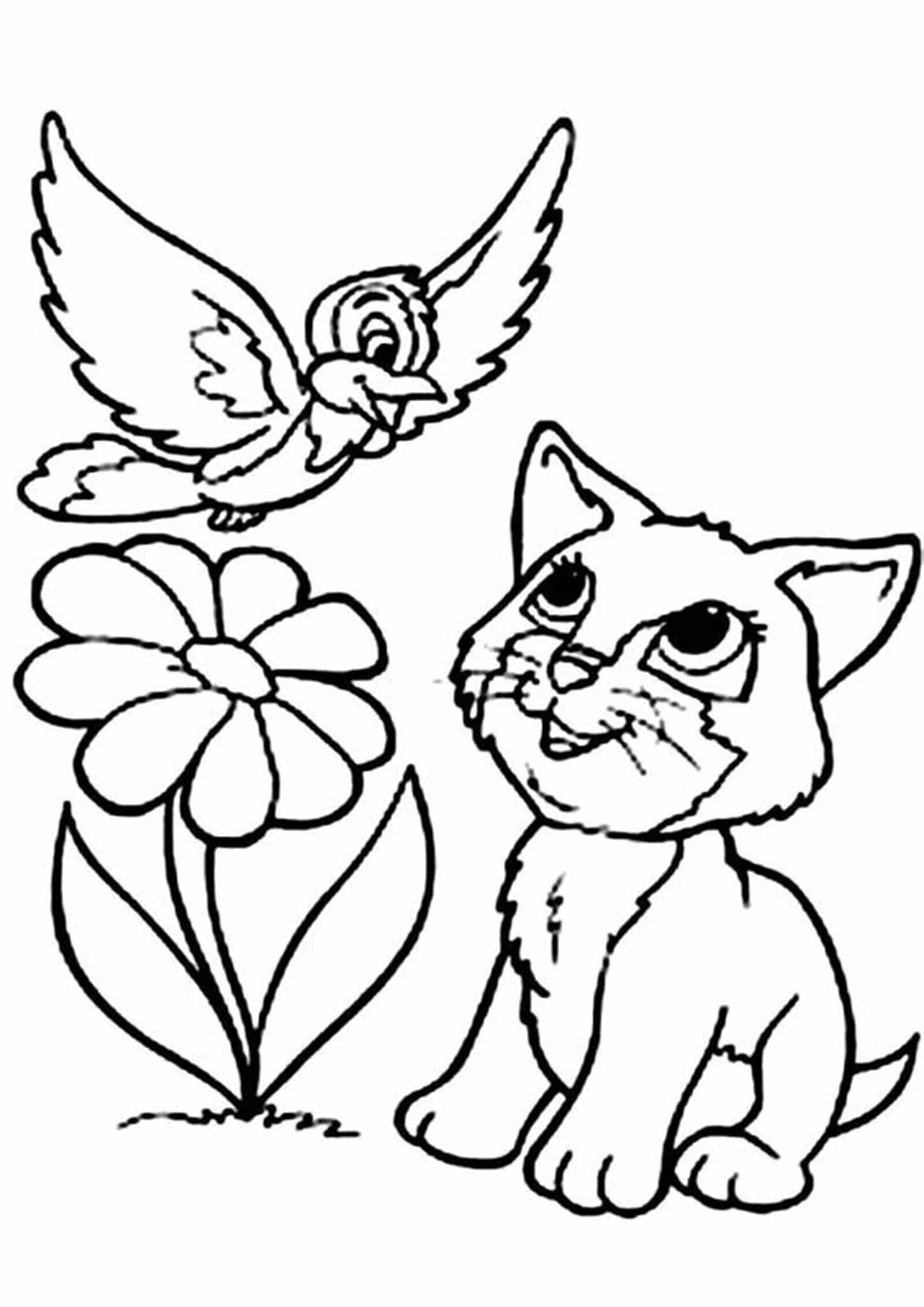 Gatito y Pájaro Flor para colorir
