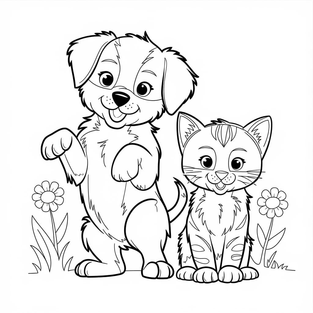 Dibujos de Gatito y cachorro para colorear