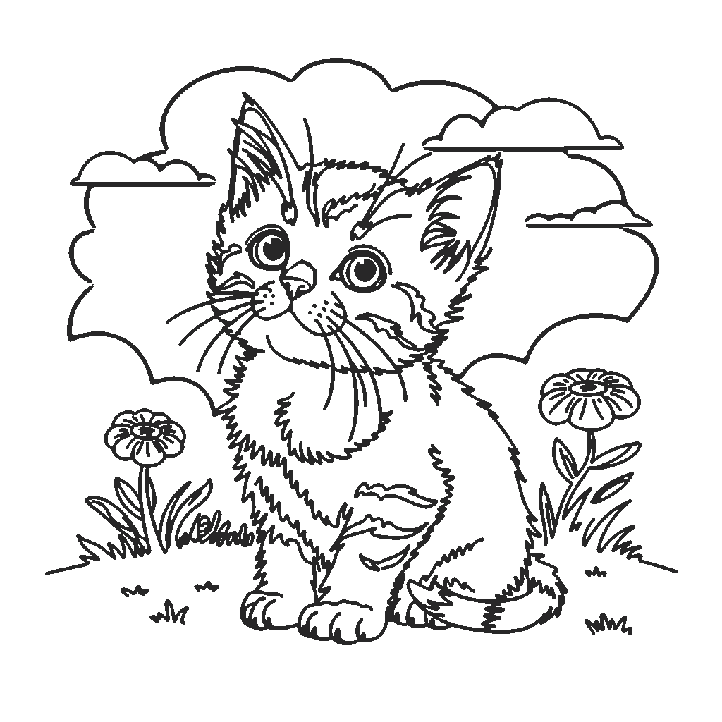 Dibujos de Gatito y dos flores para colorear