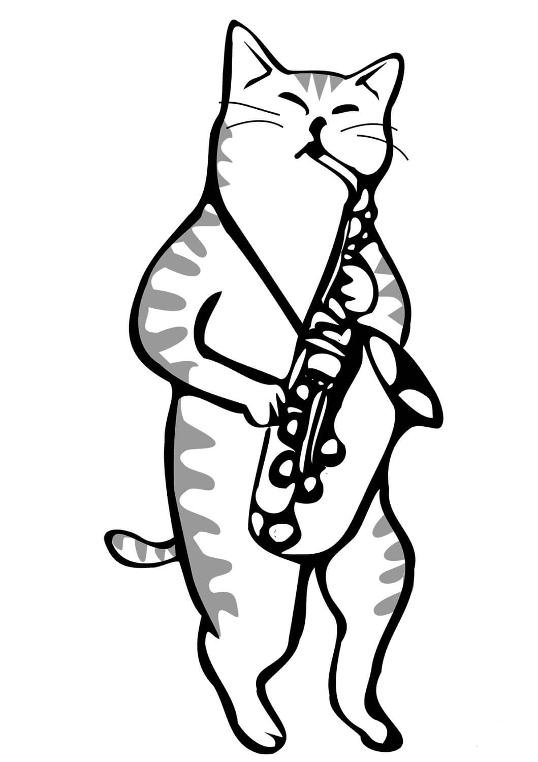 Dibujos de Gato Tocando el Saxofón para colorear