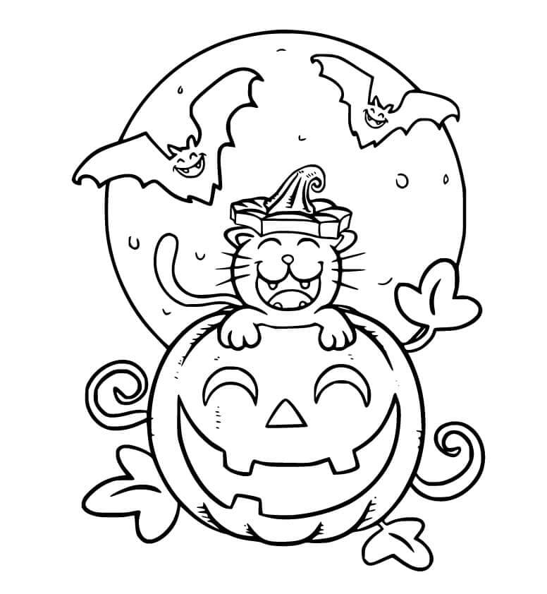 Dibujos de Gato de Halloween con Luna y Murciélago para colorear