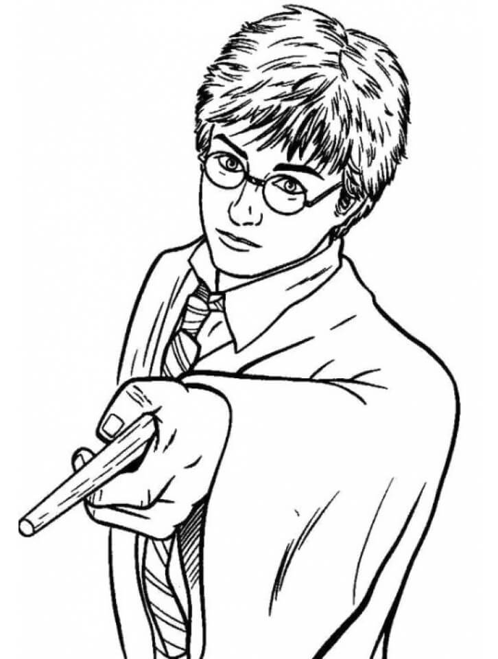 Genial Harry Potter Sosteniendo una Varita Mágica para colorir