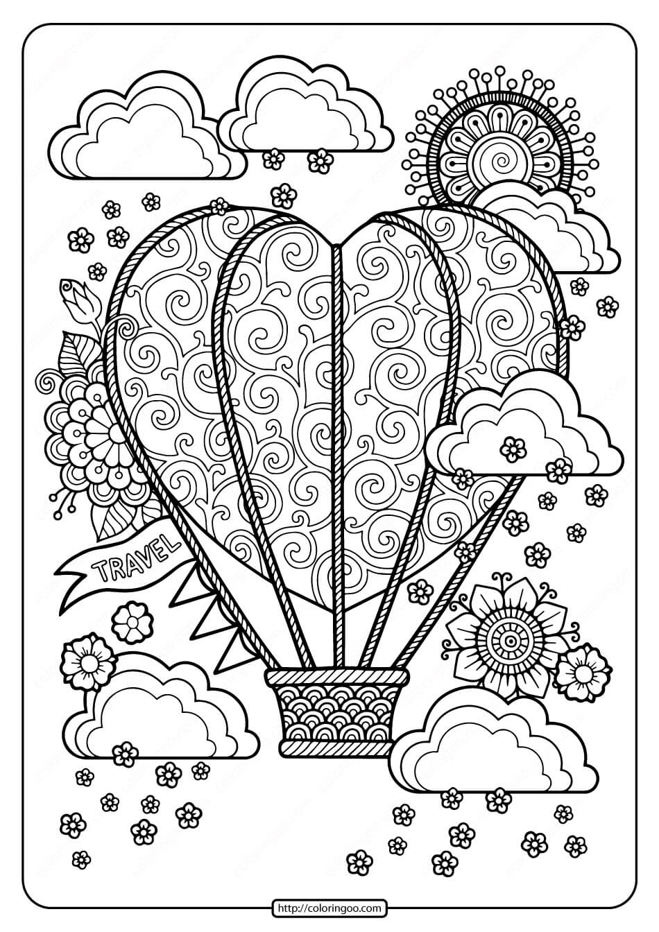 Dibujos de Globo Aerostático en Forma de Corazón para colorear