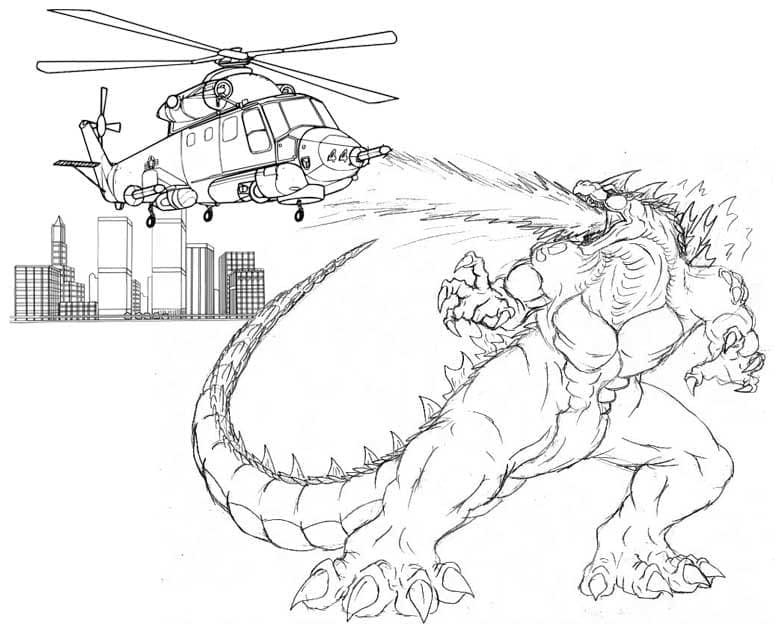 Godzilla ataca Helicóptero para colorir
