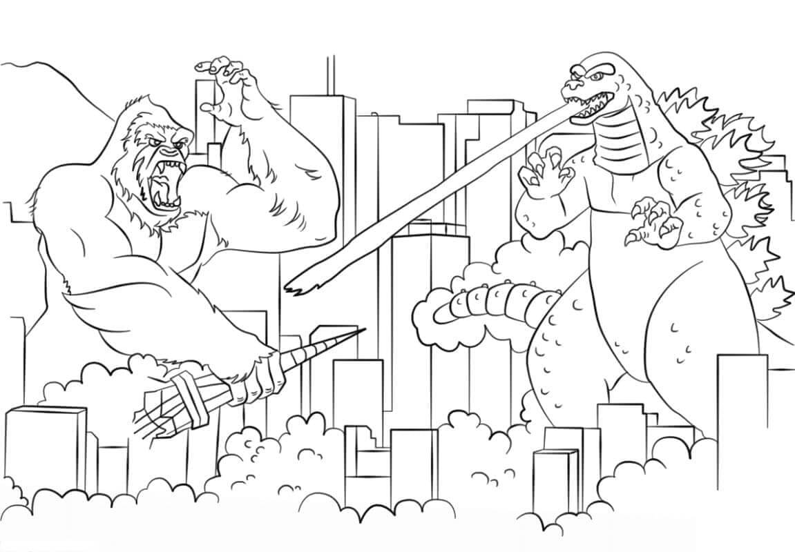 Dibujos de Godzilla contra King Kong en la Ciudad para colorear