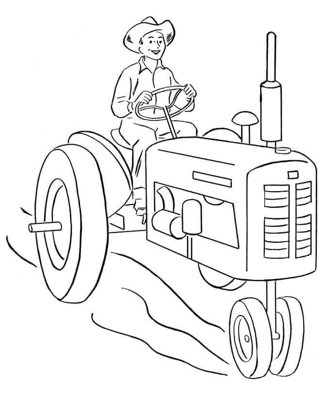 Dibujos de Granjero Sentado en el Tractor en la Granja para colorear