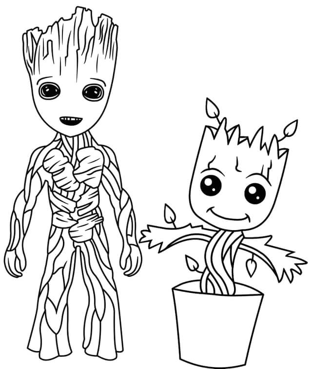 Groot Pequeño y Groot Pequeño en Florero para colorir