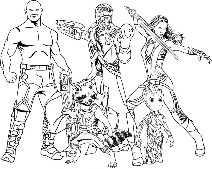Groot y el equipo de Guardianes de la Galaxia para colorir