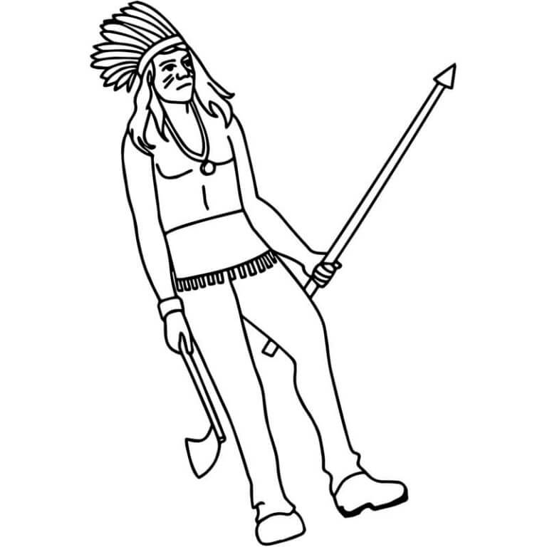 Guerrero Indio Con Lanza y Tomahawk para colorir