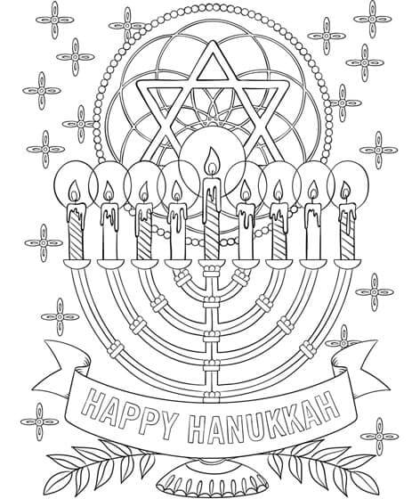 Dibujos de Hanukkah Con Velas Encendidas Con El Telón De Fondo De La Estrella De David para colorear