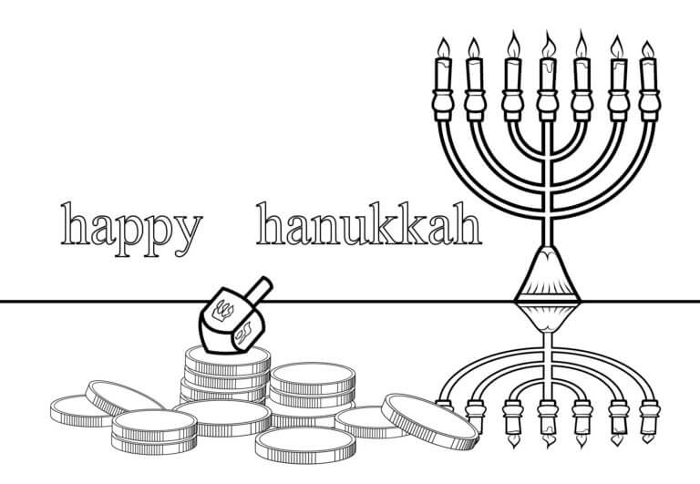 Hanukkah, Dreidel y Monedas Con Inscripción Huppy Hanukkah para colorir