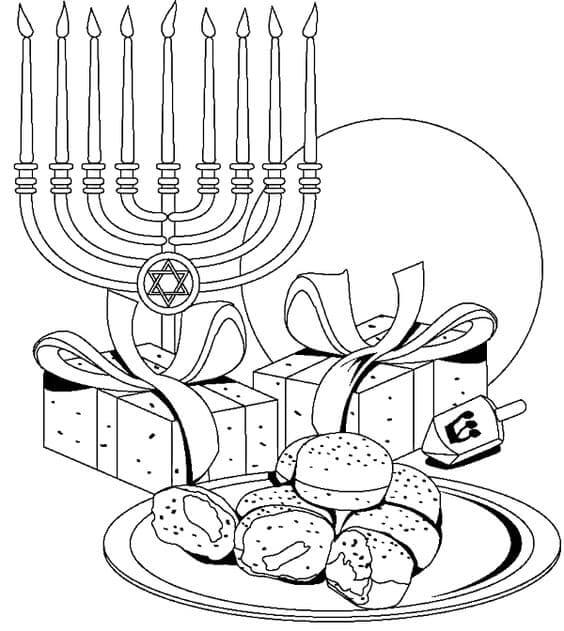 Hanukkah, Regalos, Dreidel y Sufganiyah para colorir