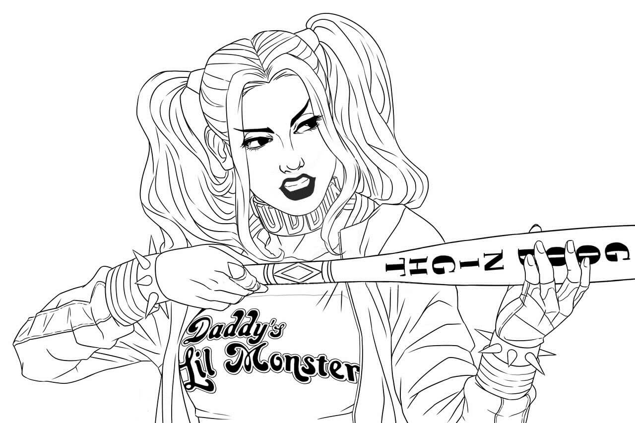 Harley Quinn Sosteniendo un bate de Béisbol para colorir
